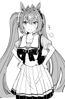 1girl absurdres animal_ears blush bow breasts closed_mouth daiwa_scarlet_(umamusume) greyscale hair_between_eyes hair_intakes highres horse_ears horse_girl horse_tail large_breasts long_hair looking_at_viewer monochrome oxymoron_0213 pleated_skirt puffy_short_sleeves puffy_sleeves sailor_collar sailor_shirt school_uniform shirt short_sleeves simple_background skirt smile solo tail tiara tracen_school_uniform twintails umamusume very_long_hair white_background