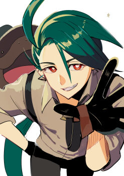 1girl absurdres ahoge black_gloves black_pants collared_shirt cowboy_shot ear_piercing earrings gen_2_pokemon gloves green_hair grey_shirt highres jewelry leaning_forward long_hair looking_at_viewer low_ponytail nintendo pants piercing pokemon pokemon_sv ponytail quagsire red_eyes rika_(pokemon) rolled_sleeves shirt smile suspenders swept_bangs tie ukyu_(komarukoune) very_long_hair