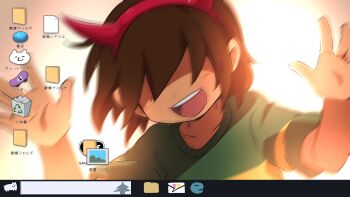 1other aged_down annoying_dog brown_hair commentary_request deltarune desktop_(computing) dog fake_horns green_shirt hair_over_eyes hairband highres horn_hairband horns icon_(computing) kris_(deltarune) open_mouth other_focus red_hairband red_horns shirt skateboard smile solo striped_clothes striped_shirt taskbar uri_(365mimimi) utdr_(toby_fox)