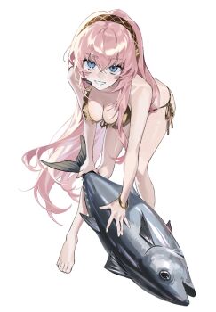 1girl bikini blue_eyes breasts cleavage commentary_request earphones fish full_body gold_bikini guruhk_kk hair_between_eyes highres holding holding_weapon korean_commentary long_hair looking_at_viewer medium_breasts megurine_luka open_mouth pink_hair side-tie_bikini_bottom solo swimsuit vocaloid weapon