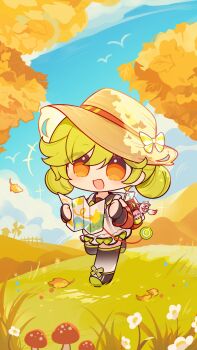 1girl absurdres ai-chan_(honkai_impact) autumn autumn_leaves black_thighhighs blue_sky bow chibi cloud green_hair hat hat_bow highres higokumaru holding holding_map honkai_(series) honkai_impact_3rd leaf looking_at_viewer map official_art open_mouth orange_eyes outdoors rin_(honkai_impact) running sailor_collar simple_bird sky smile solo sun_hat thighhighs