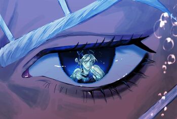 1boy 1girl air_bubble arms_up bare_shoulders black_hair blonde_hair blue_eyes bubble close-up closed_mouth dark-skinned_male dark_skin double_bun enrico_pucci eye_focus eye_reflection eyelashes hair_bun highres jojo_no_kimyou_na_bouken kuujou_jolyne multicolored_hair reflection rr9pt76u5phwgqx stone_ocean tank_top two-tone_hair