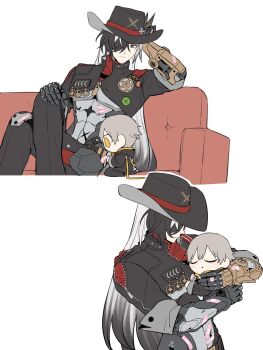 2boys aged_down armor bandaid bandana black_coat black_eyes black_hair black_hat black_jacket black_pants boothill_(honkai:_star_rail) caelus_(honkai:_star_rail) carrying carrying_person child closed_eyes closed_mouth coat couch cowboy_hat crossed_legs cyborg fatherly grey_armor grey_hair hair_between_eyes hair_over_one_eye hand_on_own_head hand_on_own_knee hand_up hat hat_feather hat_ornament highres honkai:_star_rail honkai_(series) hood hooded_coat jacket long_hair long_sleeves looking_at_another looking_down male_focus mechanical_arms mechanical_hands multicolored_hair multiple_boys on_couch open_mouth pants red_bandana sheriff_badge short_hair simple_background sitting sleeping smile standing star_(symbol) trailblazer_(honkai:_star_rail) two-tone_hair wawahj0907_tt white_background white_hair yellow_eyes zipper