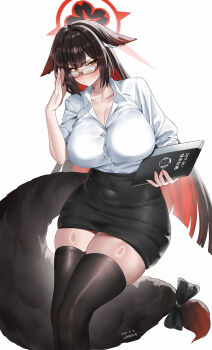 1girl absurdres adjusting_eyewear animal_ear_fluff animal_ears black_hair black_skirt black_thighhighs blue_archive breasts cleavage colored_inner_hair commentary_request eyeshadow fox_ears fox_girl fox_tail halo highres large_breasts looking_at_viewer makeup multicolored_hair office_lady pencil_skirt red_eyeshadow red_hair red_halo shangdi_de_fa_zhang shirt simple_background skirt solo tail thighhighs wakamo_(blue_archive) white_background white_shirt yellow_eyes