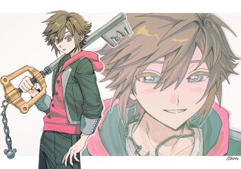 Rule 34 | 1boy, artist name, black jacket, black pants, blue eyes, brown hair, chain, chain necklace, cowboy shot, hair between eyes, highres, holding, holding weapon, hood, hood down, hoodie, jacket, jacket over hoodie, jewelry, keyblade, kingdom hearts, kingdom hearts iv, light blush, male focus, moomusapi, necklace, over shoulder, pants, parted lips, red hoodie, short hair, solo, sora (kingdom hearts), upper body, weapon, weapon over shoulder, white background