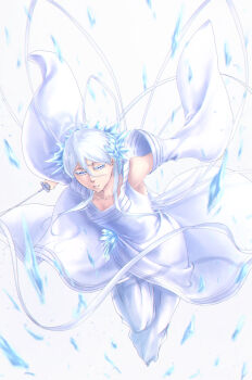1girl absurdres bankai bare_shoulders bleach bleach:_sennen_kessen-hen commentary_request cryokinesis detached_sleeves expressionless fighting_stance full_body hair_ornament hakka_no_togame_(bankai) highres holding holding_sword holding_weapon ice ice_crystal japanese_clothes kanzashi katana kimono kuchiki_rukia looking_at_viewer mitarashi_(5333069) pants parted_lips ribbon short_hair simple_background solo spoilers sword weapon white_background white_eyes white_hair white_kimono white_pants white_ribbon wide_sleeves zanpakutou