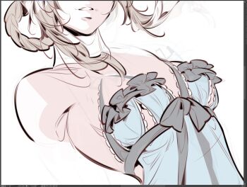 1girl aerith_gainsborough art_program_in_frame blue_dress blue_negligee braid braided_hair_rings breasts brown_hair cosplay cropped_torso dress final_fantasy final_fantasy_vii final_fantasy_vii:_ever_crisis hair_rings highres ippus kaine_(nier) kaine_(nier)_(cosplay) long_hair medium_breasts official_alternate_costume parted_lips sideboob sidelocks single_bare_shoulder sketch solo underboob unfinished upper_body white_background