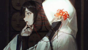 1girl bai_rui black_hair black_nails blood blood_on_clothes bridal_gauntlets commentary flower fox_mask_(silent_hill) highres japanese_clothes kimono parted_lips robe shimizu_hinako silent_hill_(series) silent_hill_f solo_focus spider_lily tears thread white_kimono white_robe