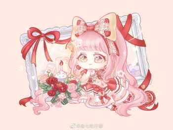 1girl absurdly_long_hair birthday blunt_bangs bouquet bow brown_eyes candle character_request chibi chinese_commentary closed_mouth commentary_request dress earrings eyelashes fire flower footwear_bow frilled_dress frilled_sleeves frilled_wrist_cuffs frills gift gown hair_bow happy heart heart_earrings heart_print interlocked_fingers jewelry kneeling lace-trimmed_bow lace_trim large_bow layered_sleeves light_blush long_dress long_hair long_sleeves looking_at_flowers nikki_(nikki) nikki_(series) nikki_up2u2:_world_traveller orange_background own_hands_clasped own_hands_together pantyhose picture_frame pink_bow pink_flower pink_hair pink_rose print_dress red_bow red_dress red_flower red_rose red_shoes rose see-through_clothes see-through_sleeves shoes short_over_long_sleeves short_sleeves sidelocks simple_background single_wrist_cuff smile solo sparkle star_(symbol) star_in_eye symbol_in_eye tareme very_long_hair watermark wavy_hair weibo_watermark white_pantyhose white_wrist_cuffs wrist_cuffs xiaoyu_qixing yellow_bow