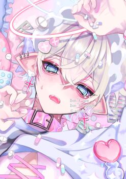 Rule 34 | 1boy, blister pack, blue eyes, blush, choker, commentary request, earrings, hair between eyes, halo, heart, heart-shaped pupils, highres, jewelry, kaminoq, light blush, looking at viewer, male focus, open mouth, original, pill, pink nails, solo, symbol-shaped pupils, tears, teeth, upper teeth only, yume kawaii