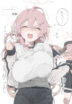 2girls ahoge alternate_costume bike_shorts black_eyes black_hat black_jacket black_shorts black_wings blue_archive blush bouncing_breasts bow breast_focus breasts closed_eyes commentary cowboy_shot facing_viewer fang furrowed_brow gym_shirt gym_shorts hair_bow halo hanako_(blue_archive) hat head_wings highres huge_ahoge jacket koharu_(blue_archive) large_breasts le_(szs0k) long_hair multicolored_jacket multiple_girls odaibako open_clothes open_jacket open_mouth pink_hair pink_halo request_inset running shirt shorts simple_background skin_fang sleeves_past_wrists slit_pupils solo_focus sound_effects speech_bubble sweat teeth track_jacket translated twintails two-tone_jacket unaligned_breasts upper_teeth_only white_background white_bow white_jacket white_shirt wings