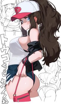 1girl ass bare_shoulders baseball_cap between_buttocks black_vest blue_eyes blue_shorts blush breasts brown_hair cleavage cutoffs denim denim_shorts hat high_ponytail highres hilda_(pokemon) hizake_mozu large_breasts long_hair looking_at_viewer multiple_views nintendo off_shoulder pokemon pokemon_bw ponytail shorts sidelocks tank_top thighs translation_request vest white_hat white_tank_top wristband