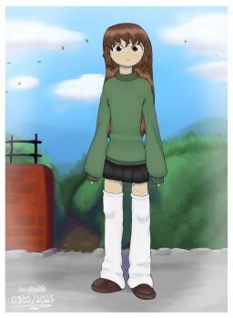 Rule 34 | 1boy, black skirt, brown eyes, brown footwear, brown hair, green sweater, highres, long hair, looking at viewer, miniskirt, original, park, self-upload, skirt, socks, sweater, trap, umjulioai, white socks