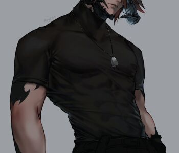 1boy au_ra black_pants black_shirt brown_hair closed_mouth commentary covered_abs covered_pectorals cowboy_shot dog_tags final_fantasy final_fantasy_xiv grey_background head_out_of_frame highres horns liz_gray male_focus pants pectorals shirt short_sleeves simple_background solo symbol-only_commentary tight_clothes warrior_of_light_(ff14)