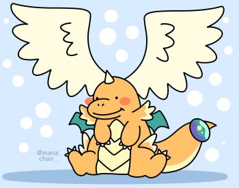 artist_name blush closed_mouth dragonite full_body gen_1_pokemon head_wings highres horns mana-chan mega_dragonite nintendo no_humans pokemon pokemon_(creature) pokemon_focus polka_dot polka_dot_background single_horn sitting smile solo spread_wings wings