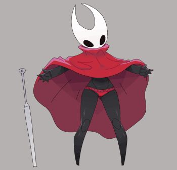 1girl arthropod_girl black_eyes black_skin blank_eyes cloak cloak_lift colored_skin female_focus flashing furry furry_female grey_background highres hollow_knight hollow_knight:_silksong hornet_(hollow_knight) jaggy_lines joints legs lifting_own_clothes looking_at_viewer neamosub needle_(hollow_knight) no_feet outstretched_arms panties planted red_cloak red_panties simple_background solo spread_arms underwear