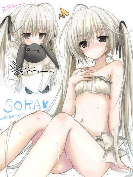 1girl 2000s_(style) ahoge akatsuki_(ggsy7885) angry arm_at_side arm_support armpit_crease artist_name bare_arms bare_legs bare_shoulders bikini black_eyes black_ribbon blush bow bow_bikini button_eyes buttons closed_mouth dot_nose faux_retro_artstyle flat_chest frilled_bikini frills frown hair_ribbon hand_on_floor hand_on_own_chest hand_up hashimoto_takashi_(style) highres hugging_doll hugging_object juliet_sleeves kasugano_sora legs lone_nape_hair long_hair long_sleeves looking_ahead looking_at_viewer multiple_views navel nose_blush official_style parody puffy_sleeves rabbit_symbol ribbon ribbon-trimmed_sleeves ribbon_trim shiny_skin shirt shout_lines sitting sound_effects stomach strapless strapless_bikini stuffed_animal stuffed_rabbit stuffed_toy style_parody swimsuit symbol-shaped_pupils tears twintails twitter_username very_long_hair waist_bow water_drop watermark wet wet_hair white_bikini white_bow white_hair white_ribbon white_shirt x-shaped_pupils yosuga_no_sora