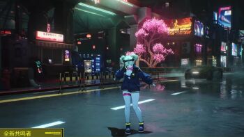 1girl 20s 3d aiming animated aqua_hair audible_speech black_jacket breasts chinese_audio colored_sclera cyberpunk:_edgerunners cyberpunk_(series) full_body grin gun holding holding_gun holding_weapon jacket jumping laughing logo long_hair looking_at_viewer official_art rebecca_(cyberpunk) red_sclera rifle ryona smile sound tagme twintails video walking weapon wuthering_waves