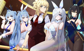 Rule 34 | 5girls, abe (nikke), absurdres, animal ears, aqua hair, black hair, black leotard, blonde hair, blue eyes, blue gloves, blue hair, blue leotard, breasts, chosmahe, cinderella (nikke), cleavage, commentary request, cue stick, elbow gloves, fake animal ears, gloves, goddess of victory: nikke, gretel (nikke), hair intakes, hansel (nikke), highres, instrument, large breasts, leotard, little mermaid (nikke), long hair, multicolored hair, multiple girls, music, necktie, old tales (nikke), pants, pantyhose, playboy bunny, playing instrument, purple pants, purple vest, rabbit ears, red necktie, short hair, siblings, sisters, smile, twins, twintails, two-tone hair, very long hair, vest, white gloves, white leotard, white pantyhose, wrist cuffs, yellow eyes