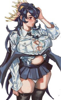 1girl absurdres belly black_dress black_hair breast_press breasts bursting_breasts cleavage_cutout clothing_cutout dress filia_(skullgirls) highres large_breasts long_hair miniskirt monster mossacannibalis necktie open_clothes open_shirt red_eyes skirt skullgirls solo thick_thighs thighs underwear