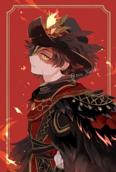 1boy black_tunic brown_hair colored_tips commentary cowboy_hat ear_piercing eric_knikki feathered_cape gold_trim hat hat_feather identity_v jitome looking_at_viewer male_focus multicolored_hair norton_campbell norton_campbell_(the_orphan_of_goetia) official_alternate_costume piercing red_background red_theme red_tunic scar scar_across_eye scar_on_face solo symbol-only_commentary tunic twitter_username two-tone_tunic yellow_eyes