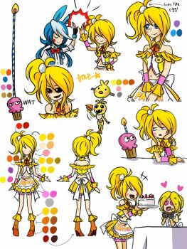 3girls apron bad_id bad_tumblr_id black_sclera blonde_hair blue_hair boots cake chica colored_sclera commentary cupcake_(fnaf) english_commentary five_nights_at_freddy's five_nights_at_freddy's_2 food heart heart-shaped_eyes long_hair low_twintails medium_hair multiple_girls open_mouth orange_boots personification pole-bear side_ponytail skirt smile toy_bonnie toy_chica twintails very_long_hair vest white_apron yellow_skirt yellow_vest
