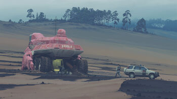 2boys absurdres black_hair boots car cloud cloudy_sky computer denim graffiti gun highres jeans motor_vehicle multiple_boys pants rock sand science_fiction simon_stalenhag sky sports_utility_vehicle swedish_machines tree unconventional_police_vehicle unconventional_vehicle weapon wheel