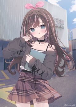1girl :q bare_shoulders black_collar black_jacket blue_eyes blue_sky blush brown_hair brown_skirt building camisole closed_mouth cloud collar collarbone commentary_request day hair_ribbon hairband hand_up highres holding holding_pen hoshi_(snacherubi) jacket kizuna_ai kizuna_ai_inc. long_hair long_sleeves multicolored_hair official_art outdoors pen pink_hair pink_hairband pink_ribbon plaid_clothes plaid_skirt puffy_long_sleeves puffy_sleeves ribbon skirt sky smile solo streaked_hair tongue tongue_out very_long_hair virtual_youtuber white_camisole