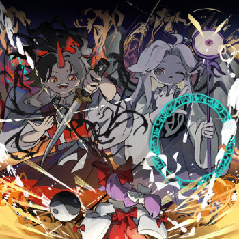 3girls battle black_hair bow gohei grey_hair hair_bow hakurei_reimu hakurei_reimu_(pc-98) highly_responsive_to_prayers holding holding_gohei holding_staff holding_sword holding_weapon horns japanese_clothes kimono konngara_(touhou) long_hair long_sleeves magic_circle multiple_girls neruzou one_eye_closed open_mouth orb red_bow red_eyes red_kimono sariel_(touhou) single_horn staff sword touhou touhou_(pc-98) weapon wide_sleeves yin_yang yin_yang_orb