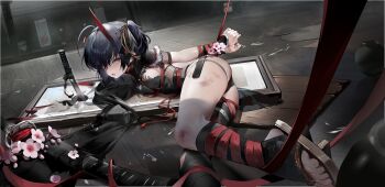 1girl absurdres ahoge armor ass black_hair bound bound_wrists breasts broken_picture_frame covered_erect_nipples crack cracked_glass feet fishnets flower geta glass_shards hair_ornament haze/reverb highres injury japanese_armor japanese_clothes katana knife kote medium_breasts ninja ninjatou obijime official_alternate_costume official_art picture_frame plum_blossoms red_rope rope sandals scabbard sheath sheathed shibari shibari_over_clothes short_hair short_sword suzuki_seifung_(haze/reverb) sword toeless_legwear toes torn_clothes vambraces weapon xiaohuanjie yellow_eyes
