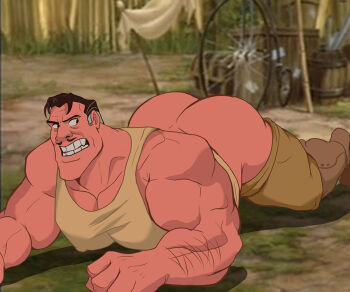 1boy arm_hair ass bara blurry blurry_background brown_hair clayton_(disney) clothes_pull commentary dadee_(da_ddy22) english_commentary facial_hair grey_hair male_focus multicolored_hair muscular muscular_arms muscular_male mustache outdoors pants pants_pull pectoral_cleavage pectorals pencil_mustache short_hair solo tank_top tarzan_(disney_movie) teeth two-tone_hair variant_set