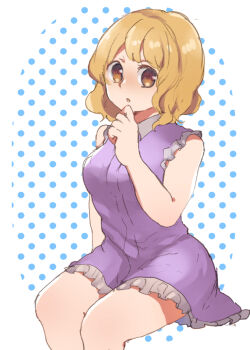1girl blonde_hair blue_polka_dots curious dress feet_out_of_frame frilled_skirt frills highres looking_at_viewer maribel_hearn no_headwear polka_dot polka_dot_background purple_dress short_hair shukinuko sitting skirt sleeveless solo touhou white_background yellow_eyes