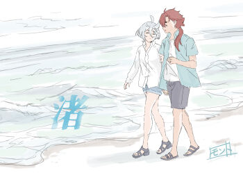 2girls beach black_sandals blue_shirt closed_eyes closed_mouth commentary_request grey_hair grey_shorts gundam gundam_suisei_no_majo hand_on_another's_arm highres jewelry long_hair miorine_rembran monto_(user_dmde2437) multiple_girls ocean open_mouth outdoors ponytail red_hair ring sandals shirt short_hair shorts smile suletta_mercury thick_eyebrows walking waves wedding_ring white_shirt wife_and_wife yuri