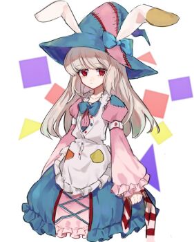 1girl animal_ears apron blue_bow blue_bowtie bow bowtie closed_mouth dress expressionless frilled_apron frills grey_hair hat hat_bow irisu_kyouko irisu_shoukougun! long_hair long_sleeves looking_at_viewer nunonnchu patchwork_clothes pink_dress rabbit_ears red_eyes simple_background solo white_apron