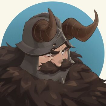 1boy absurdres beard dungeon_meshi dwarf facial_hair fake_horns fluffy frown helmet highres horned_helmet horns long_beard looking_ahead male_focus mustache portrait senshi_(dungeon_meshi) solo sweetcherub_art thick_eyebrows thick_mustache very_long_beard