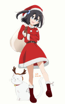 1girl amamiya_satsuki_(mono) antlers bell belt belt_buckle black_hair blue_eyes blue_scrunchie boots brown_belt brown_boots brown_gloves buckle cat christmas dated double-parted_bangs dress fake_antlers full_body fur-trimmed_boots fur-trimmed_dress fur-trimmed_headwear fur_trim gloves hair_between_eyes hair_ornament hair_scrunchie hashtag-only_commentary hat highres holding holding_sack horns jingle_bell long_sleeves looking_at_viewer miyahara_takuya mono_(afro) neck_ribbon one_side_up open_mouth red_dress reindeer_antlers ribbon sack santa_costume santa_dress santa_hat scrunchie short_hair signature simple_background smile taishou_(mono) thick_eyebrows white_background white_cat