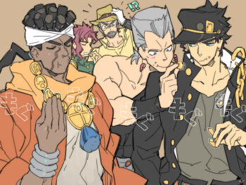 !? 5boys :t bad_id bad_pixiv_id closed_eyes dark-skinned_male dark_skin eating food food_on_face jean_pierre_polnareff jojo_no_kimyou_na_bouken joseph_joestar joseph_joestar_(old) kakyoin_noriaki kuujou_joutarou male_focus mohammed_avdol multiple_boys simple_background toujou_sakana