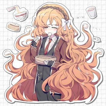 Rule 34 | 1girl, black gloves, black pants, black vest, blush, bow, closed eyes, collared shirt, commentary request, cowboy shot, cropped legs, dumpling, eating, emoticon, fingerless gloves, food, freckles, gloves, hair bow, headband, ishmael (project moon), kaomoji, limbus company, long hair, long sleeves, miwu 108, necktie, noodles, orange hair, outline, pants, prehensile hair, project moon, ramen, red necktie, shirt, solo, standing, very long hair, vest, wavy hair, white bow, white outline, white shirt