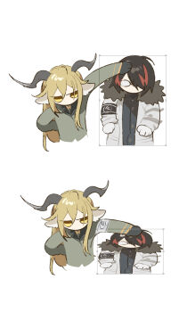 1boy 1girl animal_ears arknights armband black_armband black_gloves black_hair black_shirt blonde_hair chibi coat commentary_request cropped_torso degenbrecher_(arknights) fur-trimmed_collar fur_trim glass gloves gnosis_(arknights) green_jacket hair_between_eyes hair_over_one_eye hand_on_another's_head highres horns jacket kjerag_logo ling_s long_hair medium_hair multicolored_hair pushing_down red_hair sequential shirt simple_background streaked_hair upper_body user_interface white_armband white_background white_coat white_gloves yellow_eyes