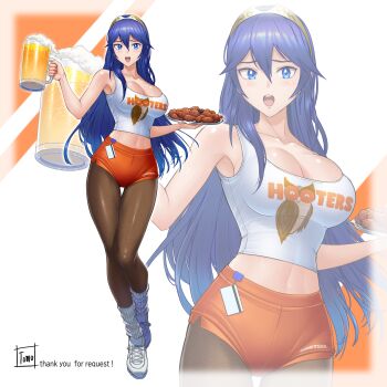 1girl absurdres alcohol alternate_costume armpits beer beer_mug blue_eyes blue_hair breasts cleavage commission crop_top cup fire_emblem fire_emblem_awakening food full_body gluteal_fold highres hooters large_breasts lucina_(fire_emblem) midriff mug navel nintendo open_mouth orange_shorts pantyhose pantyhose_under_shorts print_tank_top shirt shoes shorts sideboob socks solo tank_top tiara tomo_eokaiteru waitress white_shirt white_shoes white_socks zoom_layer