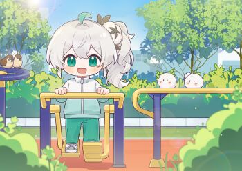 1girl :d ahoge alternate_costume bird bush chibi commentary_request day eurasian_tree_sparrow fence full_body green_eyes green_hair green_pants hair_between_eyes hair_ornament highres jacket long_hair long_sleeves looking_at_viewer open_mouth outdoors pants plant quanmian_shidai railing shoes side_ponytail sky smile sneakers solo sparrow track_jacket track_pants track_suit tree wen_xiaomian wenxiaomian_family white_hair