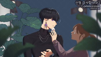 1boy 1girl 8083_blue applying_another&#039;s_makeup applying_makeup artist_name black_hair black_shirt bowl_cut collarbone commission earrings hoshina_soshiro jewelry kaijuu_no._8 long_sleeves looking_at_viewer parted_lips powder_puff purple_eyes round_eyewear shirt upper_body watch wristwatch