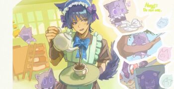 Rule 34 | 1boy, alternate costume, animal ears, animalization, apron, armor, artist name, book, book stack, bow, bowtie, branch, broken plate, brown dress, brown sleeves, cat, cat boy, cat ears, cat tail, coffee, collared dress, commentary request, crossdressing, crossdressing (mtf), cup, dragon, dress, durin (genshin impact), enmaided, frilled apron, frills, genshin impact, glass shards, gold ring, hand up, indoors, japanese armor, juliet sleeves, kettle, kote, kurokote, ladder, long sleeves, maid, male focus, male maid, middle ring, mini durin (genshin impact), nonoji (nonoji ekaki), person and animalization, plate, pouring, puffy sleeves, purple cat, red bow, red bowtie, scaramouche (cat) (genshin impact), scaramouche (genshin impact), short sleeves, small dragon, solo, spoken animal, table, tail, tree, white apron, window, wing collar