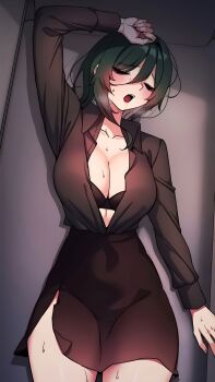 1girl black_bra blush bra breasts cleavage eyelashes green_hair hair_between_eyes hand_on_own_head highres large_breasts long_sleeves non-web_source open_clothes open_mouth resting simple_background someone_stop_her sweat thick_thighs thighs tongue underwear yoonda_cha_(someoen_stop_her!)