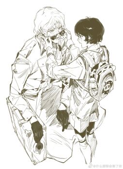 2boys backpack bag briefcase char_aznable coat collared_shirt gloves greyscale gundam highres holding kamille_bidan kneehighs long_sleeves looking_at_another male_focus monochrome multiple_boys non-web_source pulppunk001 shirt short_hair shorts simple_background sitting socks suitcase sunglasses watermark weibo_username weibo_watermark white_background zeta_gundam