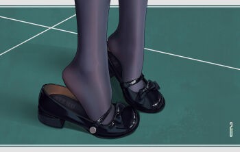 1girl artist_name black_bow black_pantyhose black_shoes bow chinese_commentary commentary_request feet feet_only foot_focus footwear_focus green_background heel_pop high_heels highres mary_janes original paid_reward_available pantyhose qizhu shoes solo tiptoes