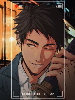 1boy arm_up battery_indicator black_hair blue_jacket collared_shirt commentary english_commentary fgfqfgfq highres holding holding_sword holding_weapon jacket katana katekyo_hitman_reborn! looking_to_the_side male_focus one_eye_closed open_collar portrait scar scar_on_face shirt short_hair sideways_glance smile solo suit_jacket sword viewfinder weapon white_shirt wing_collar yamamoto_takeshi