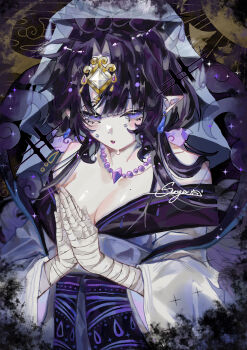 1girl absurdres aegyo_sal artist_name bandaged_hand bandages bare_shoulders bead_necklace beads black_background black_hair black_kimono blush breasts cleavage collarbone commission cookie_run cookie_run:_kingdom crying crying_with_eyes_open curtained_hair earrings forehead_jewel from_above grey_veil hair_between_eyes hair_over_shoulder hashtag-only_commentary hi_sunger highres humanization japanese_clothes jewelry kimono long_hair long_sleeves looking_at_viewer medium_breasts mole mole_on_breast mystic_flour_cookie mystic_flour_cookie_(morning_dew_of_apathy) necklace official_alternate_costume official_alternate_hair_color own_hands_together pale_skin parted_lips pointy_ears praying purple_eyes purple_lips simple_background solo sparkle tassel tassel_earrings tears upper_body veil watermark wide_sleeves