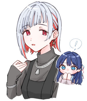 ! 2girls :d blue_eyes blue_hair blue_sweater_vest chibi chibi_inset colored_inner_hair earrings grey_hair grey_sweater half_updo highres jewelry link!_like!_love_live! long_hair long_sleeves looking_at_viewer love_live! multicolored_hair multiple_girls murano_sayaka murano_sayaka_(winter_loungewear) necklace official_alternate_costume open_mouth red_eyes red_hair sleeves_past_wrists smile speech_bubble spoken_exclamation_mark star_(symbol) star_earrings streaked_hair sweater sweater_vest turtleneck turtleneck_sweater virtual_youtuber yugiri_tsuzuri yugiri_tsuzuri_(post-graduation) zangemiya