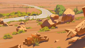 bush commentary_request day desert frogjem highres korean_commentary mesa no_humans original painting_(medium) plant road rock scenery shadow sunlight traditional_media